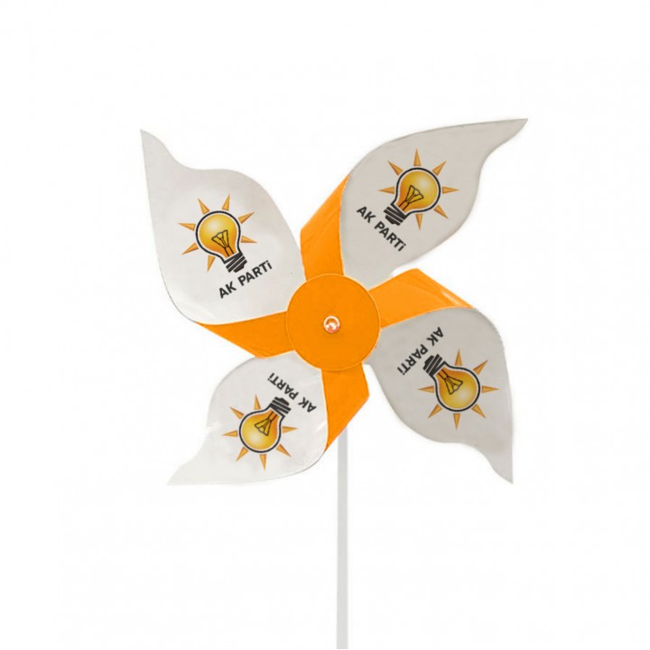 AK Parti Logolu Turuncu Beyaz 4 Kanatlı Promosyon Rüzgar Gülü 19 cm Baskılı Model
